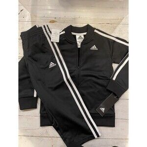 Adidas Boys Size 4 Black Tricot Matching Zip Jacket Pants 2-Piece Set New Travel